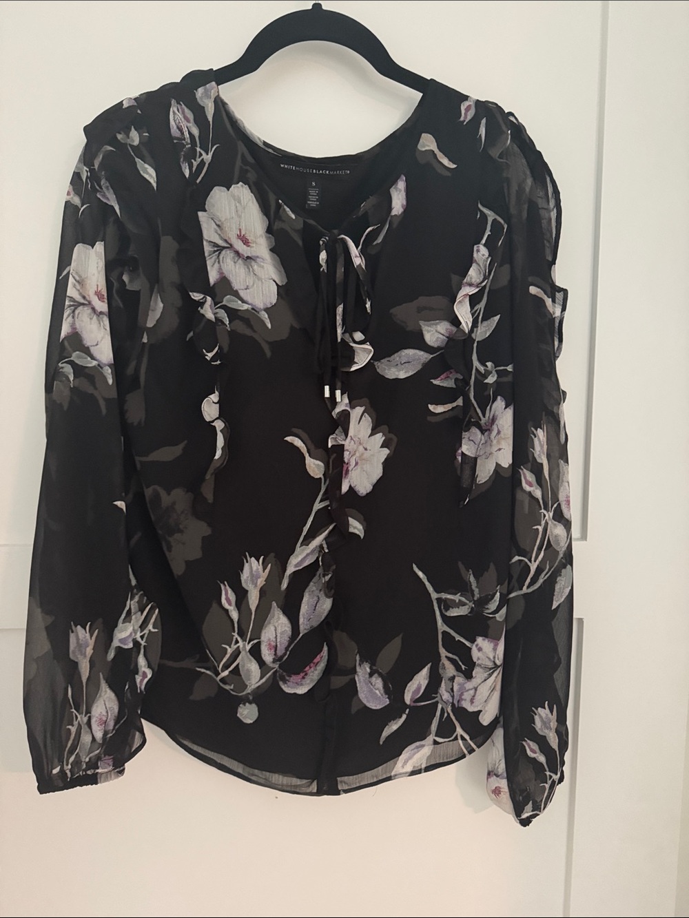 White House Black Market Black Floral Tie-Neck Blouse